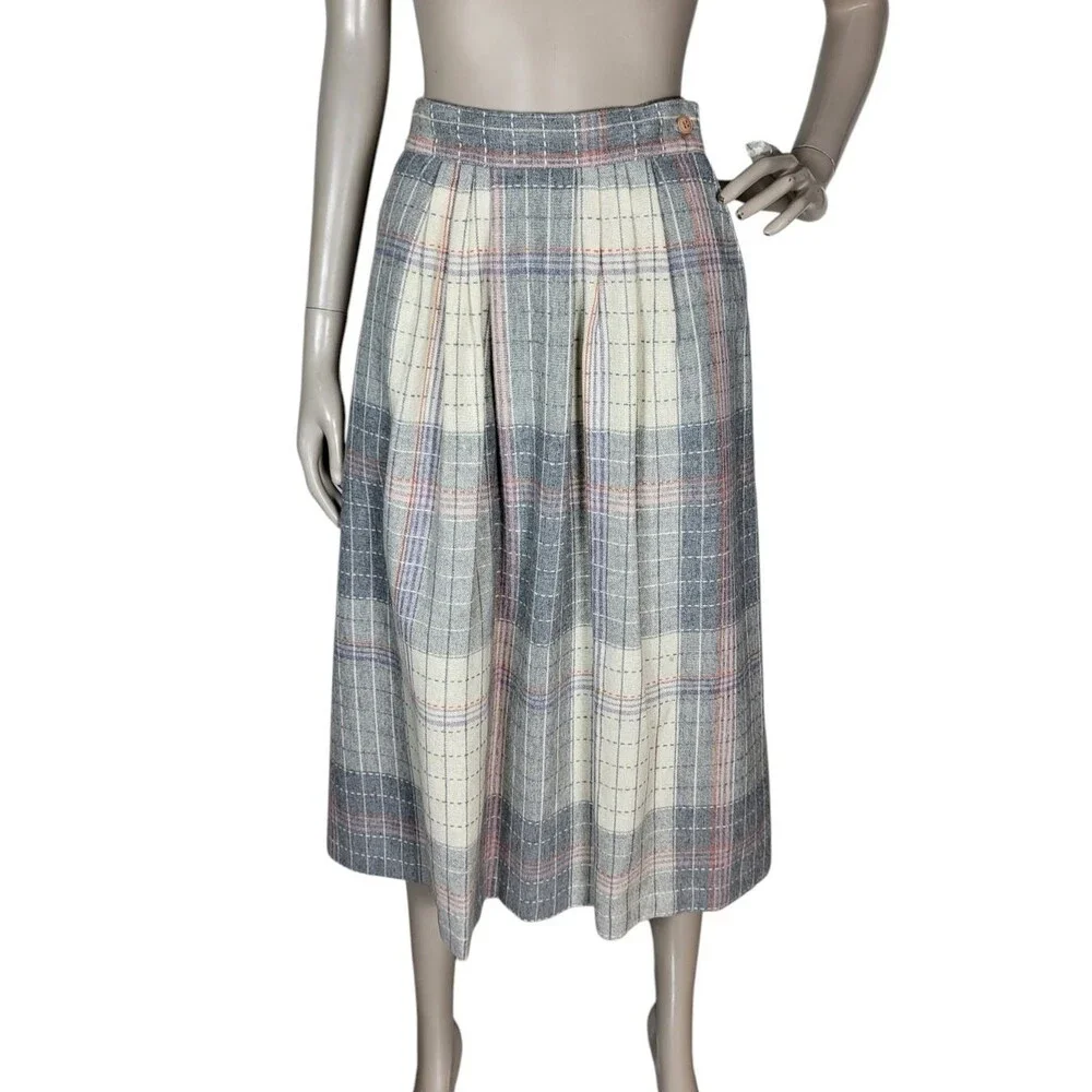 VTG 70s Wool Blend Grey Pink Plaid Tweed Midi Secretary Academia Librarian Skirt